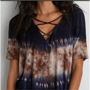 AEO Tee Shirt soft and Sexy S/S Tee Tie Dye High Low Caged Front S